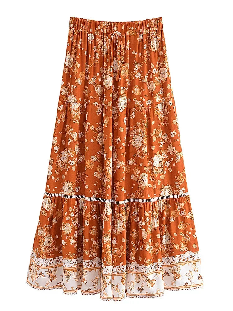Women's A-line skirt - bohemian tiered print maxi skirt | festival