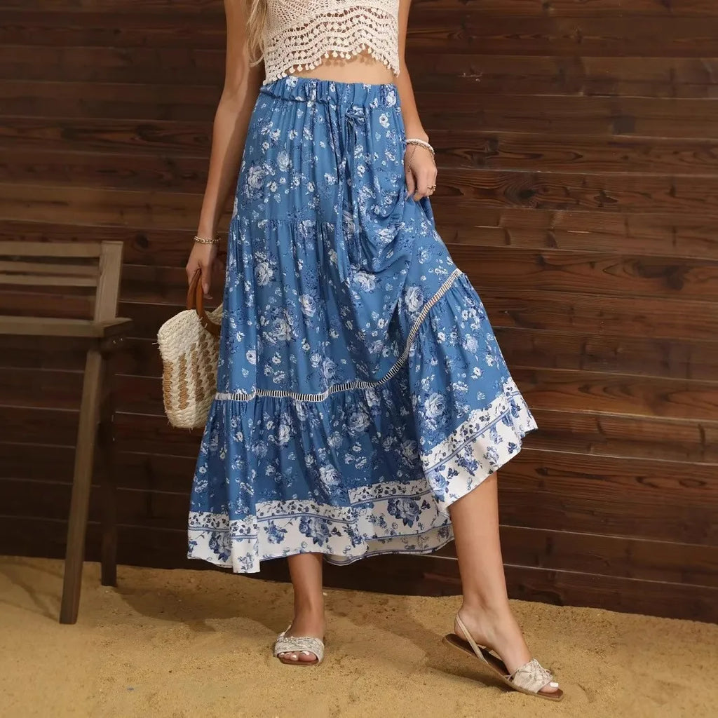 Women's A-line skirt - bohemian tiered print maxi skirt | festival