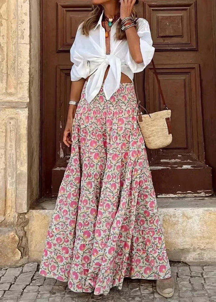 Women's floral maxi skirt — high waisted empire cut — beach holiday