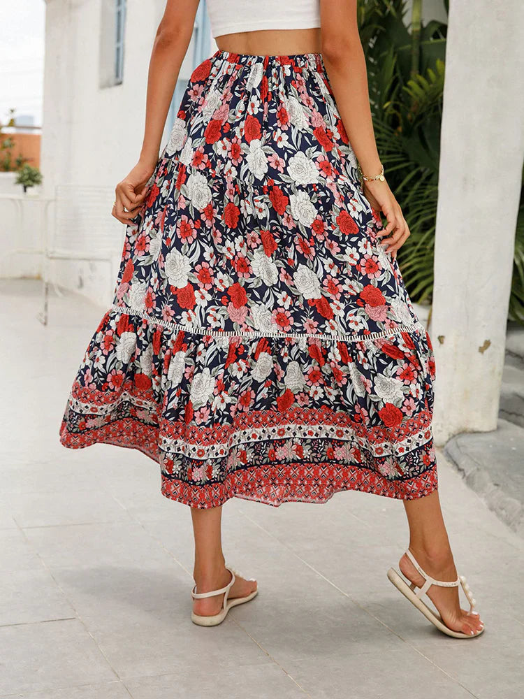Women's floral maxi skirt — high waisted lace-up — beach festival