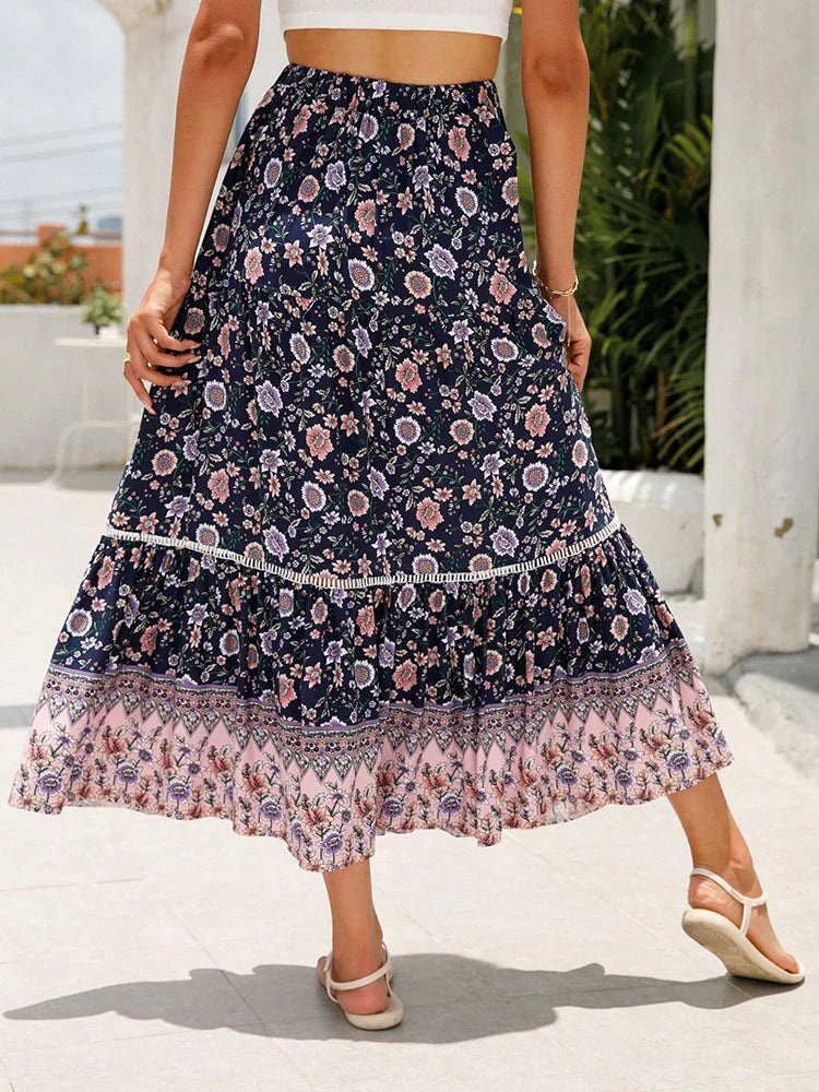 Women's floral maxi skirt — high waisted lace-up — beach festival