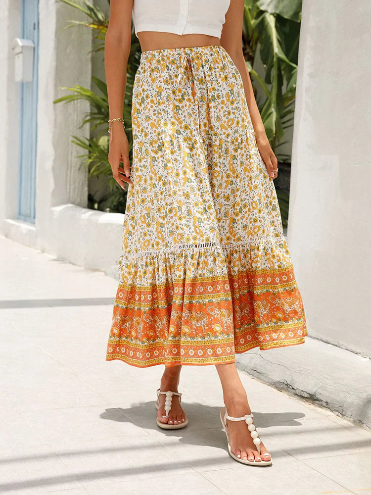 Women's floral maxi skirt — high waisted lace-up — beach festival