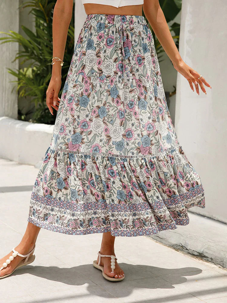 Women's floral maxi skirt — high waisted lace-up — beach festival