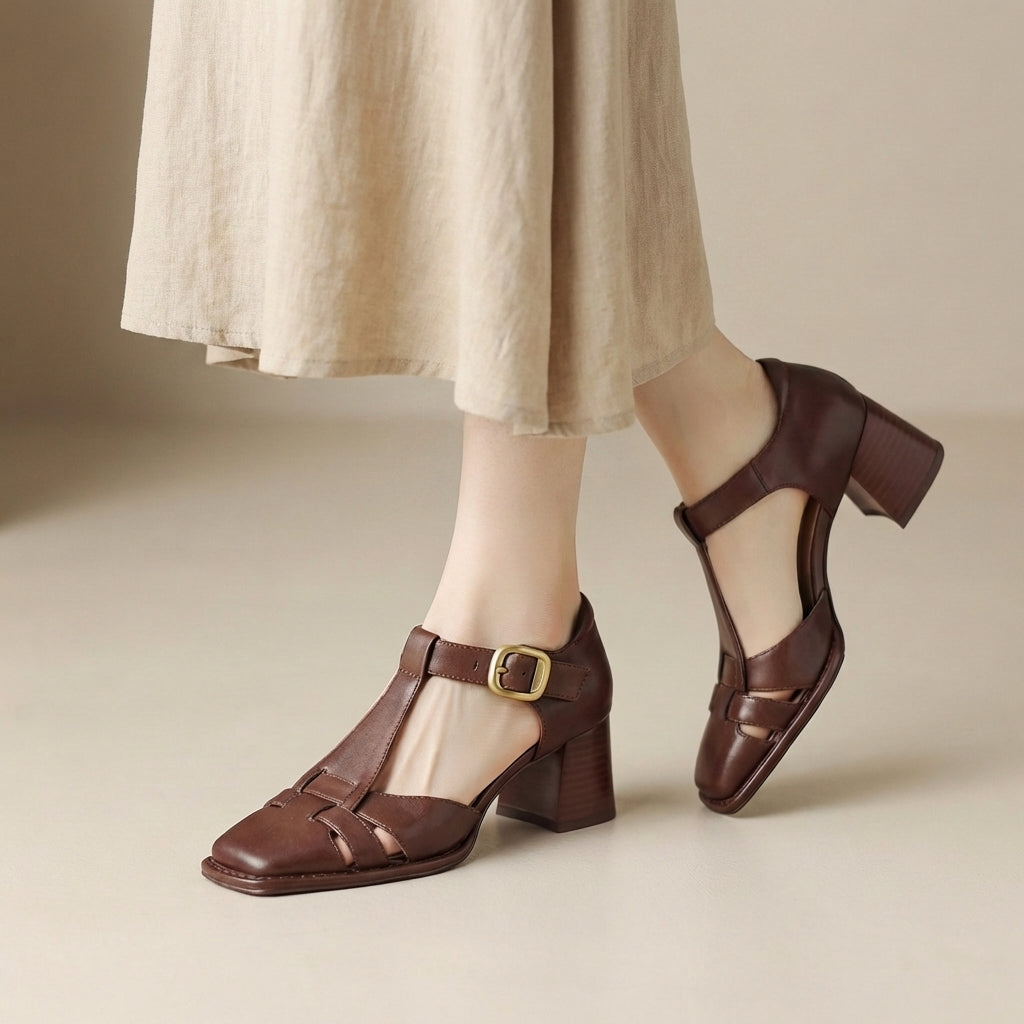 Women's Block Heel Sandals Faux Leather Caged Square Toe Ankle Strap Walking Shoes
