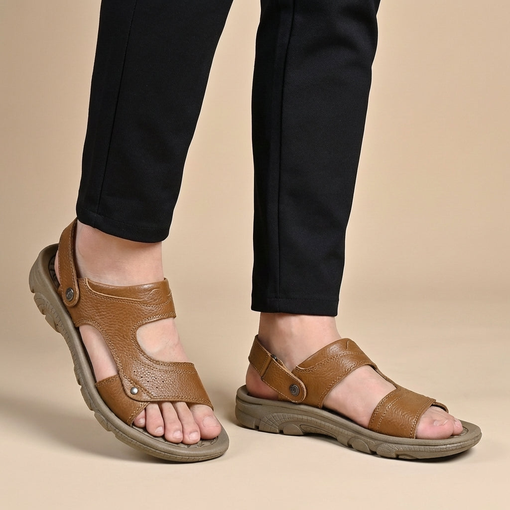Men's Leather Beach Sandals Open Toe Backstrap Walking Shoes Comfortable Casual Flats