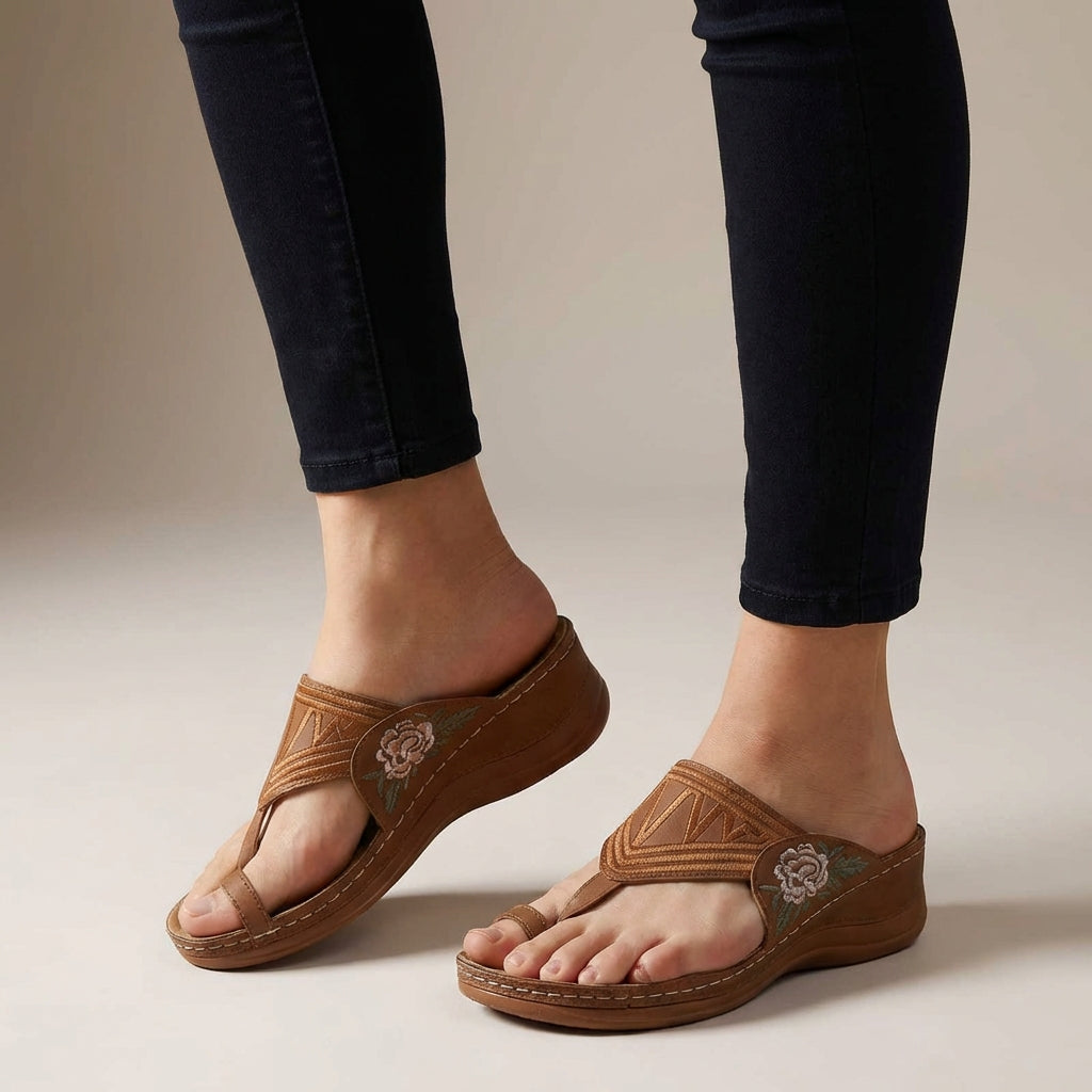 Women's Floral Embroidered Wedge Sandals Open Toe Thong Platform Walking Shoes