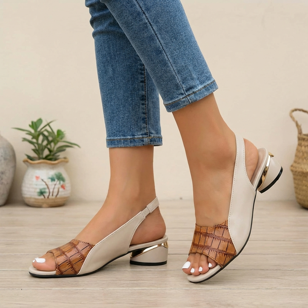 Women's Slingback Block Heel Sandals Metallic Accent Embossed Strap Casual Shoes