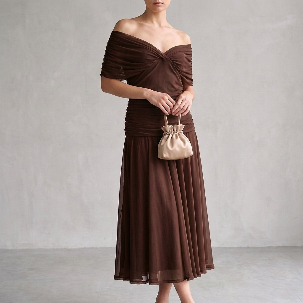 Off-Shoulder A-Line Midi Dress Ruched Cocktail Gown with Pleated Skirt for Women