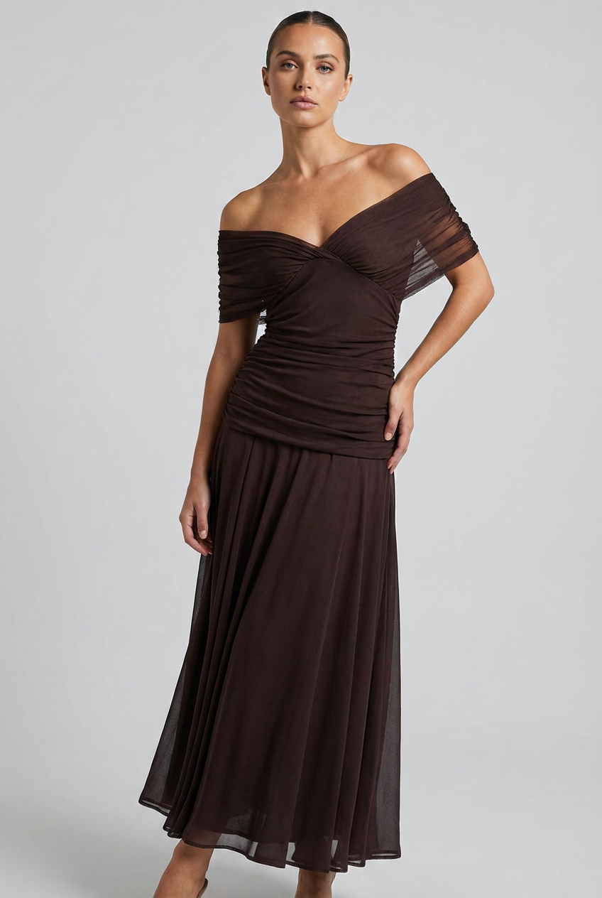 V-Neck Ruched Bodycon Evening Dress with Sheer Draped Sleeves Formal Gown