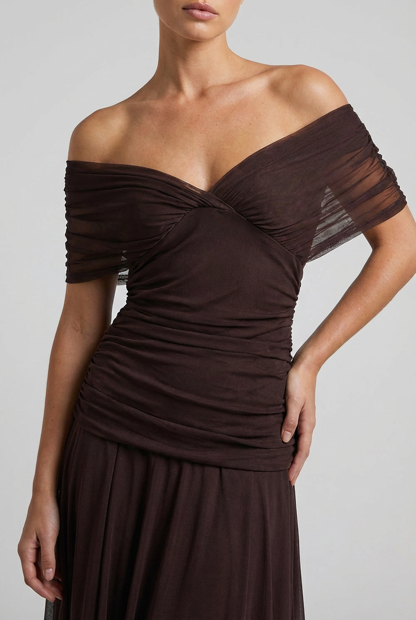 V-Neck Ruched Bodycon Evening Dress with Sheer Draped Sleeves Formal Gown