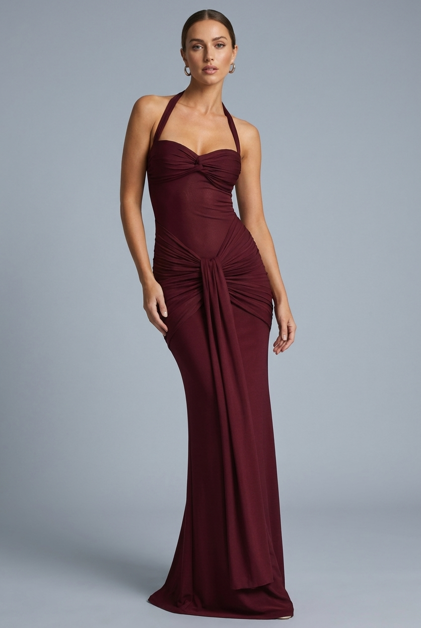 Halterneck Ruched Maxi Dress with Sweetheart Twist Neckline and Floor Length Hem