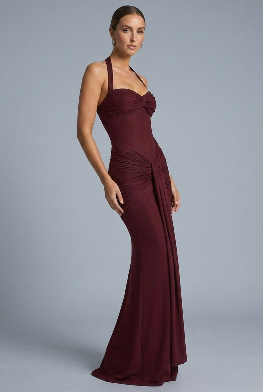 Halterneck Ruched Maxi Dress with Sweetheart Twist Neckline and Floor Length Hem