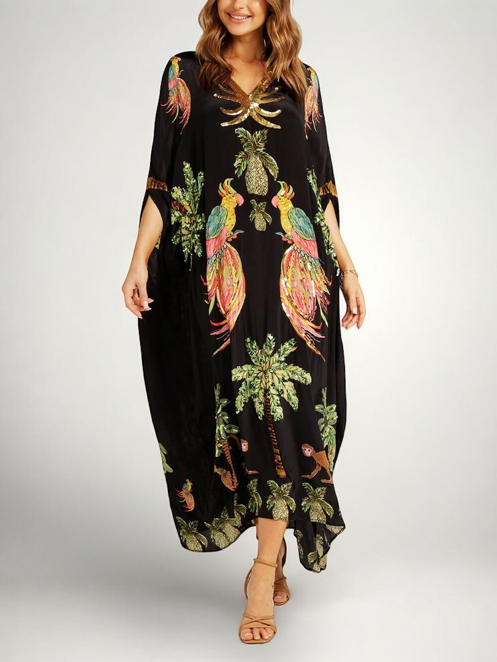 Tropical Print Sequin Kaftan Dress