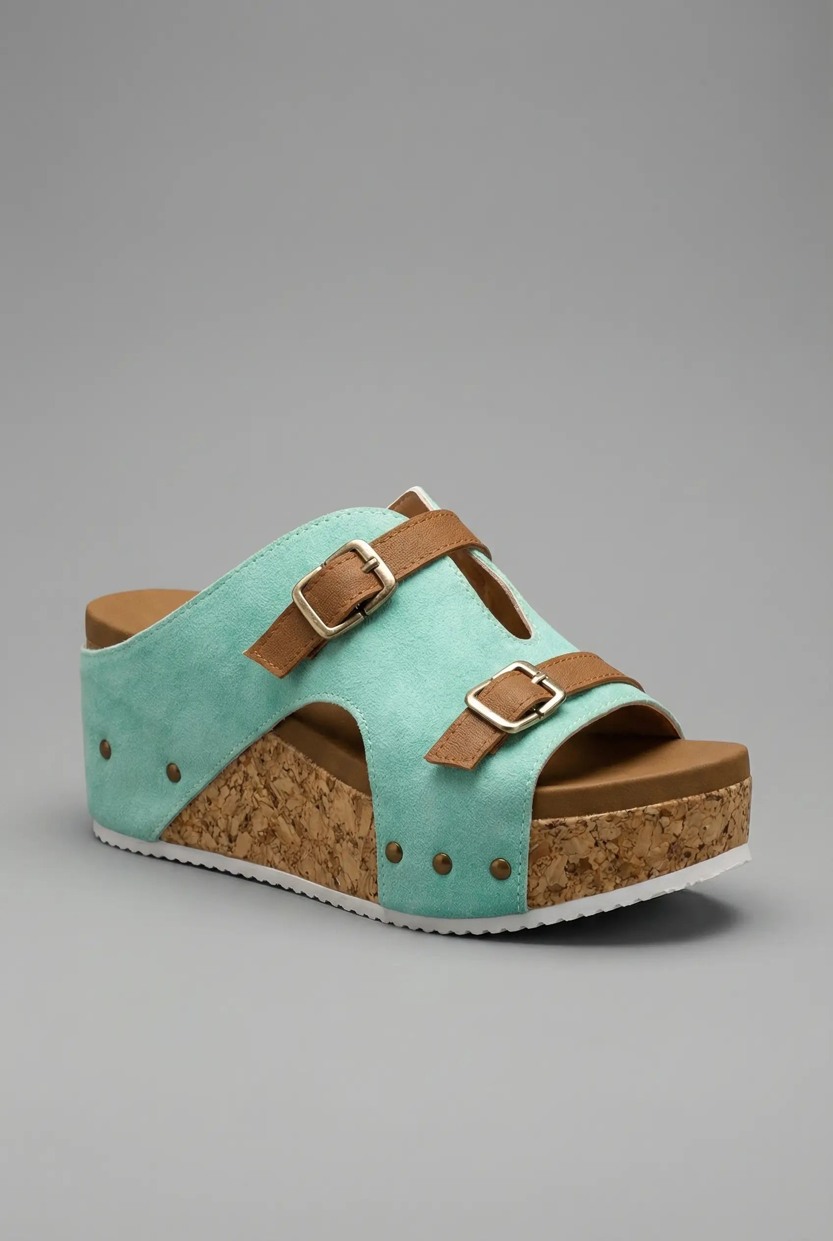 Women's Cork Platform Sandals Double Buckle Strap Wedge Open Toe Fashion Footwear