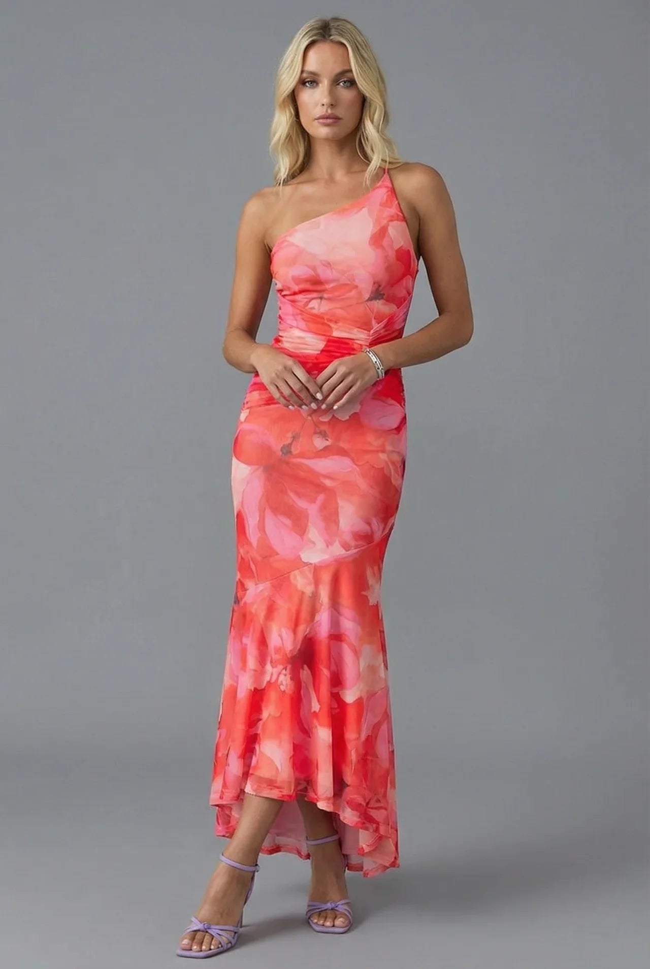 One Shoulder Floral Maxi Dress Ruched Bodycon Fishtail Hem Evening Formal Gown