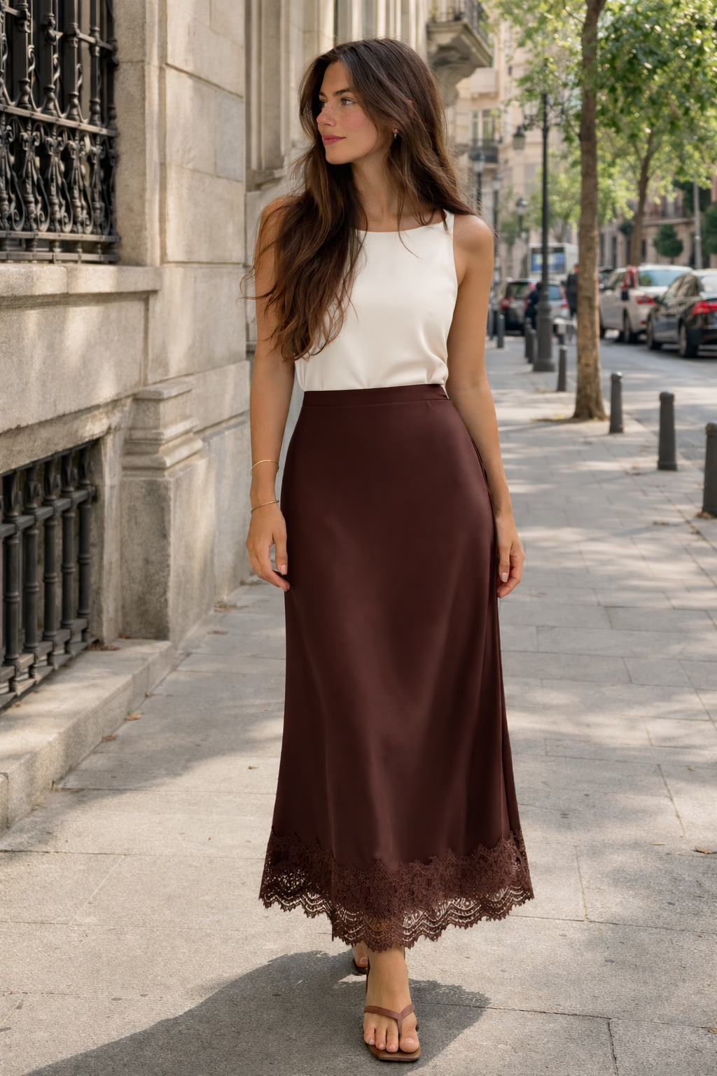 Women's satin finish maxi skirt with lace hem — formal event