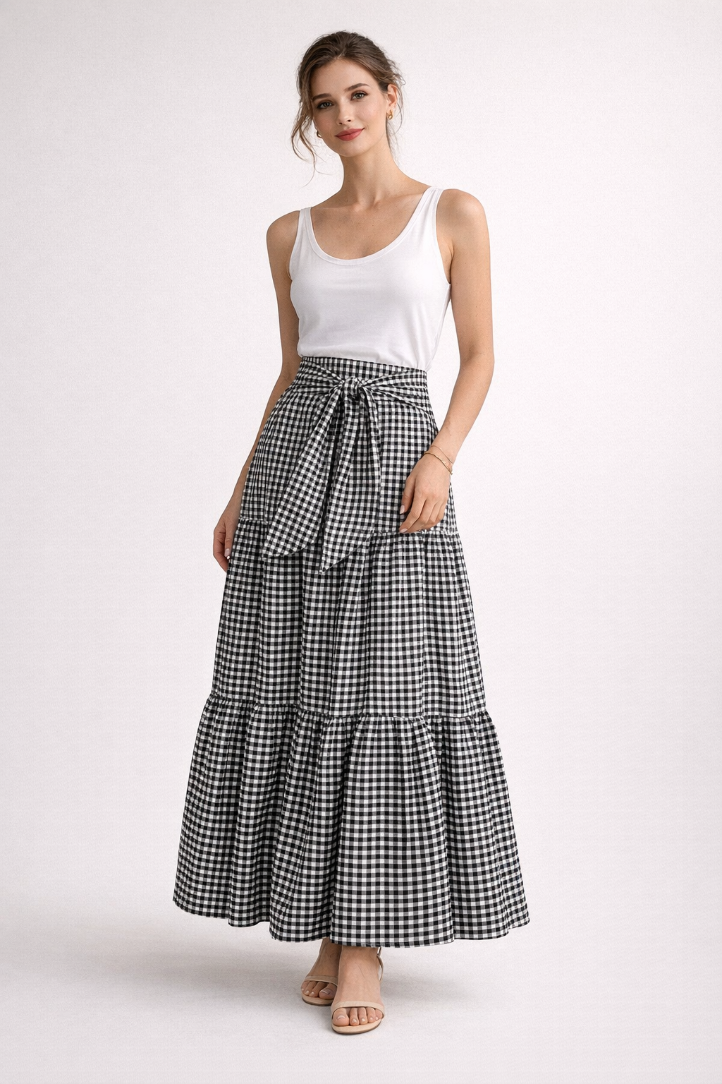Maxi skirt for women — plaid print tie waist — casual daily