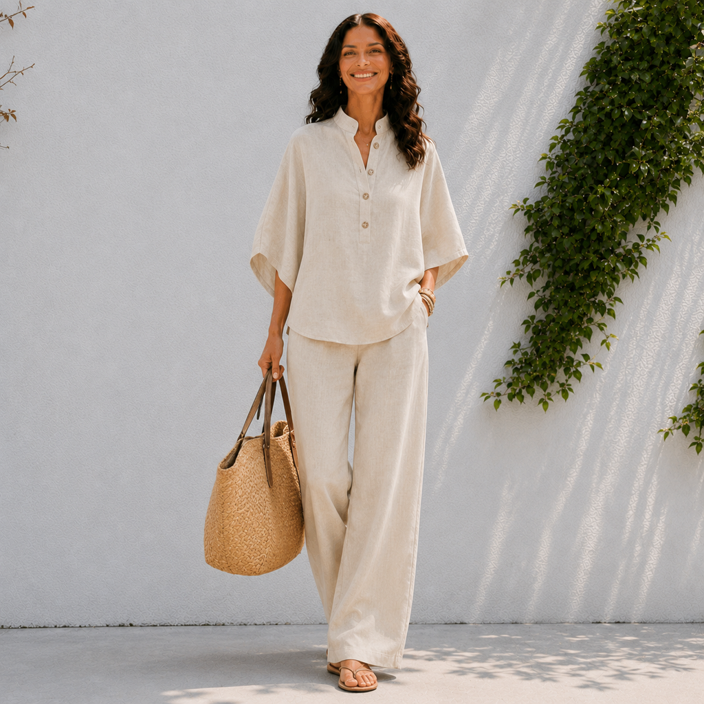 Women's matching set - oversized button blouse and wide pants - travel