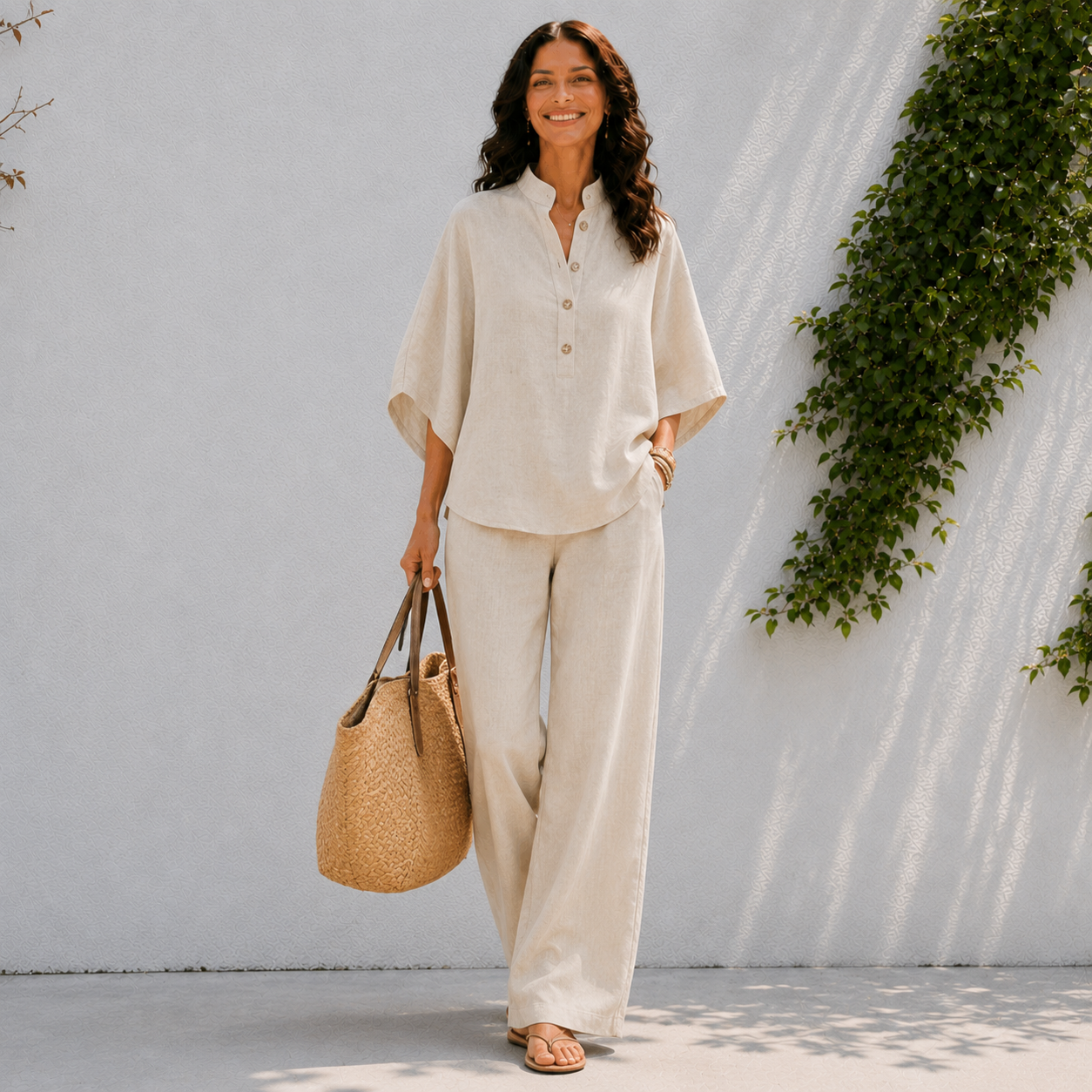 Women's matching set - oversized button blouse and wide pants - travel