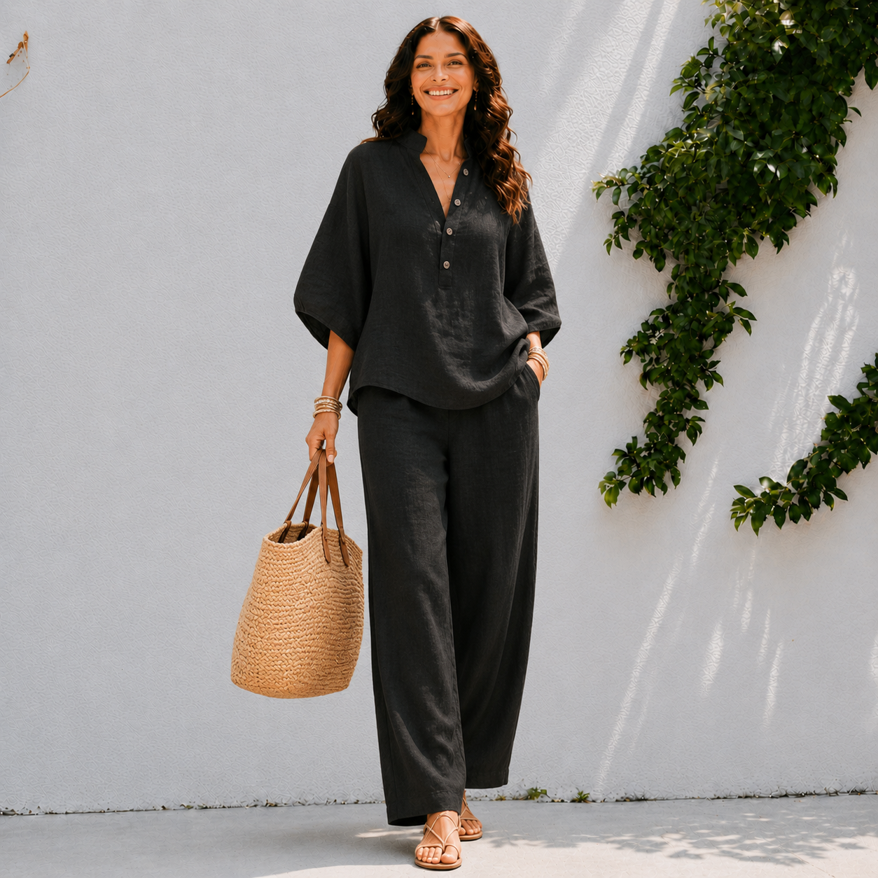 Women's matching set - oversized button blouse and wide pants - travel