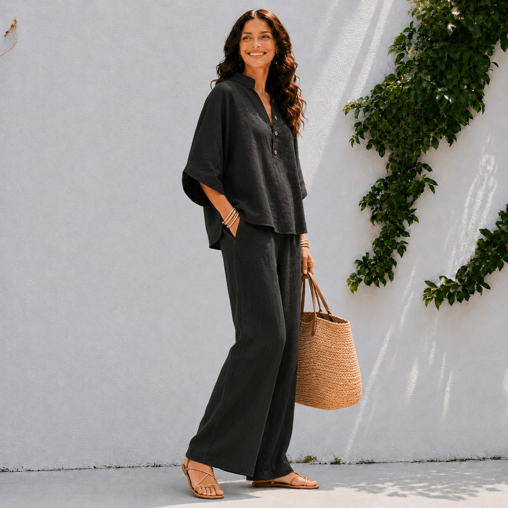 Women's matching set - oversized button blouse and wide pants - travel