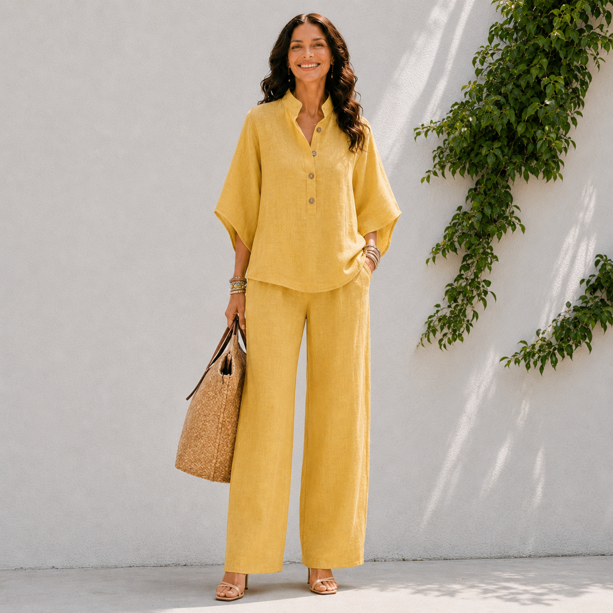 Women's matching set - oversized button blouse and wide pants - travel