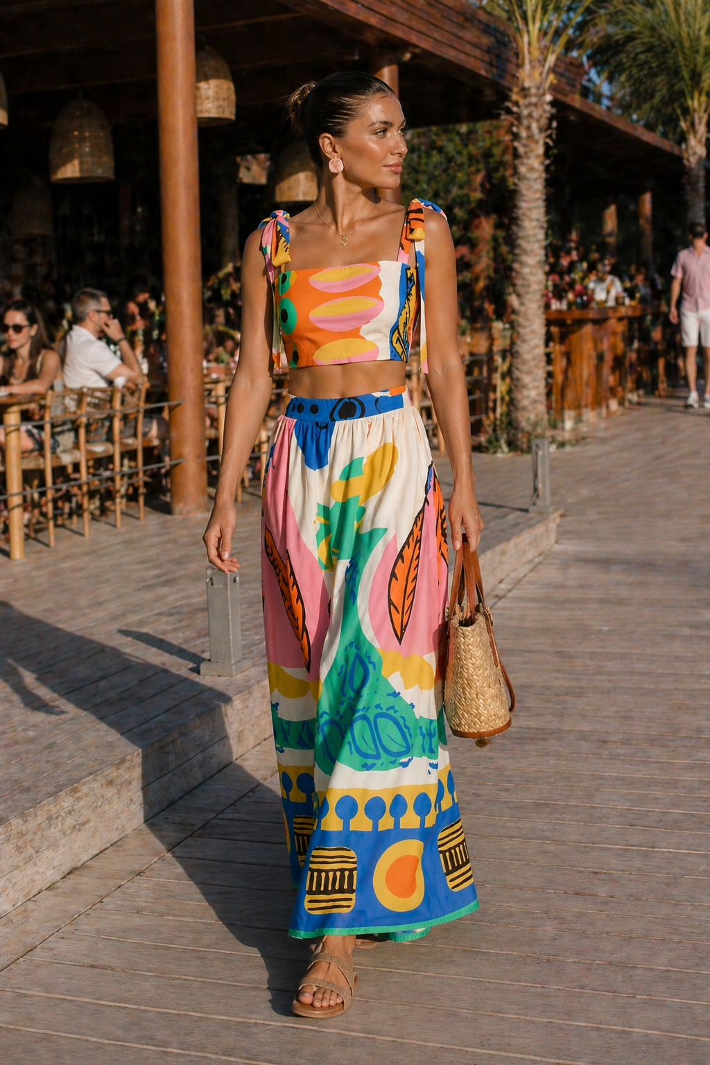 Tropical print crop top and long skirt set — two-piece — summer vacation
