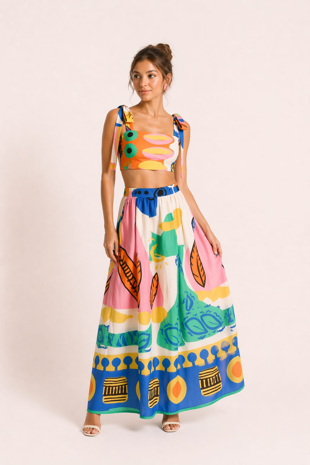 Tropical print crop top and long skirt set — two-piece — summer vacation