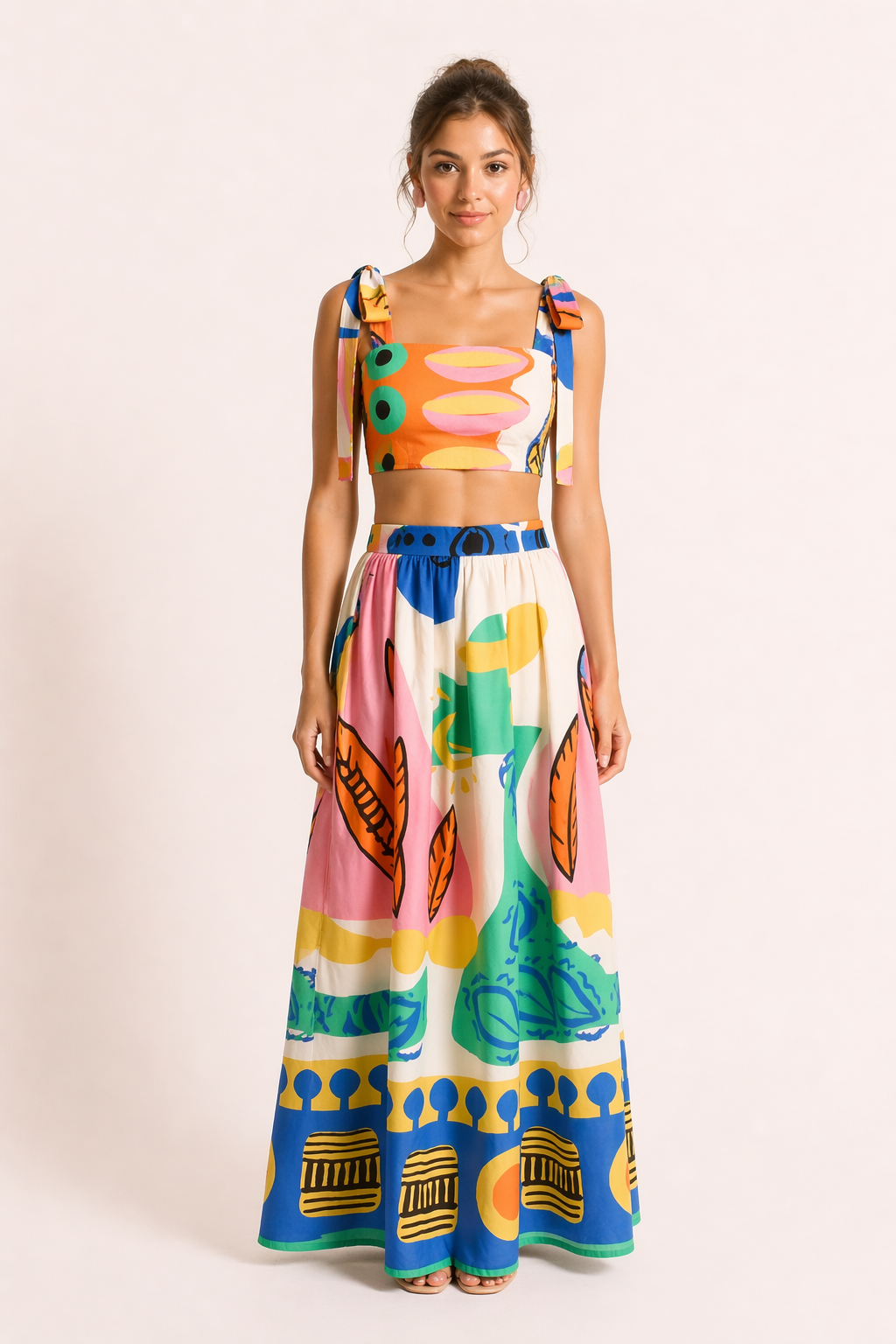 Tropical print crop top and long skirt set — two-piece — summer vacation