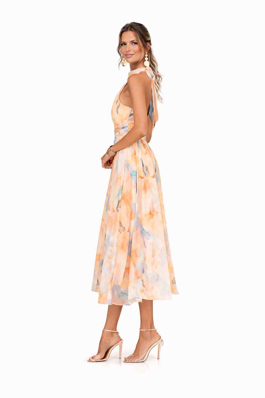 Floral Halter Neck Maxi Dress Chiffon Open Back Cross-Wrap Waist Flowy Wedding Guest