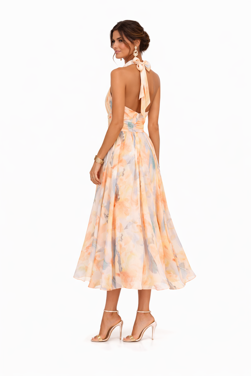 Floral Halter Neck Maxi Dress Chiffon Open Back Cross-Wrap Waist Flowy Wedding Guest