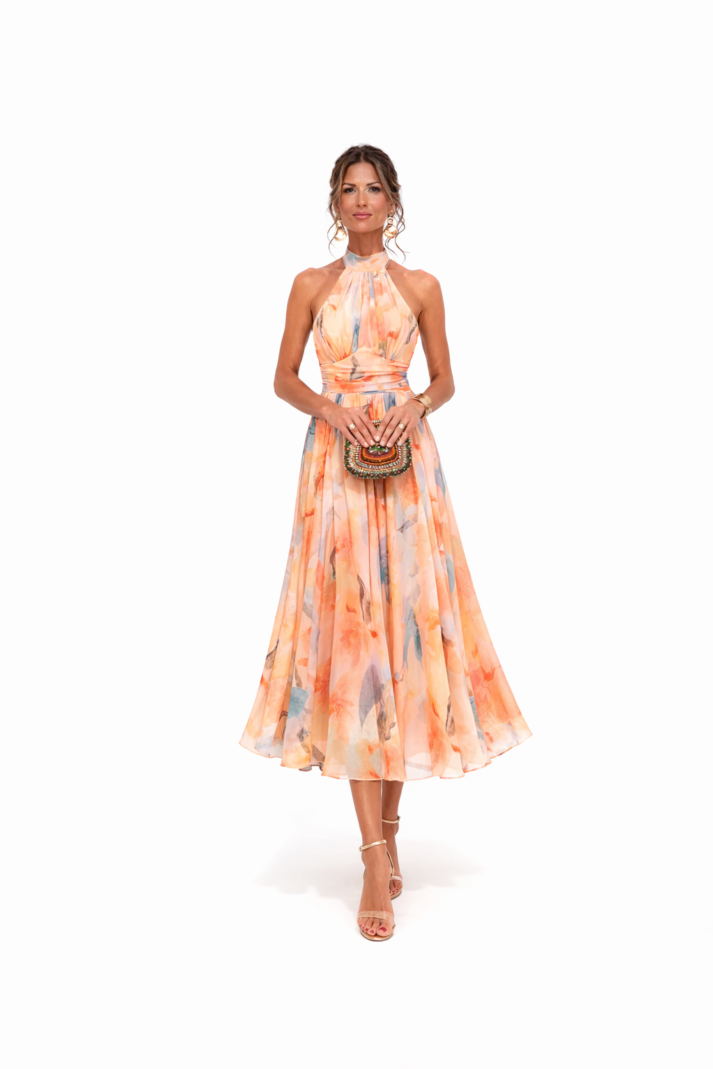 Floral Halter Neck Maxi Dress Chiffon Open Back Cross-Wrap Waist Flowy Wedding Guest