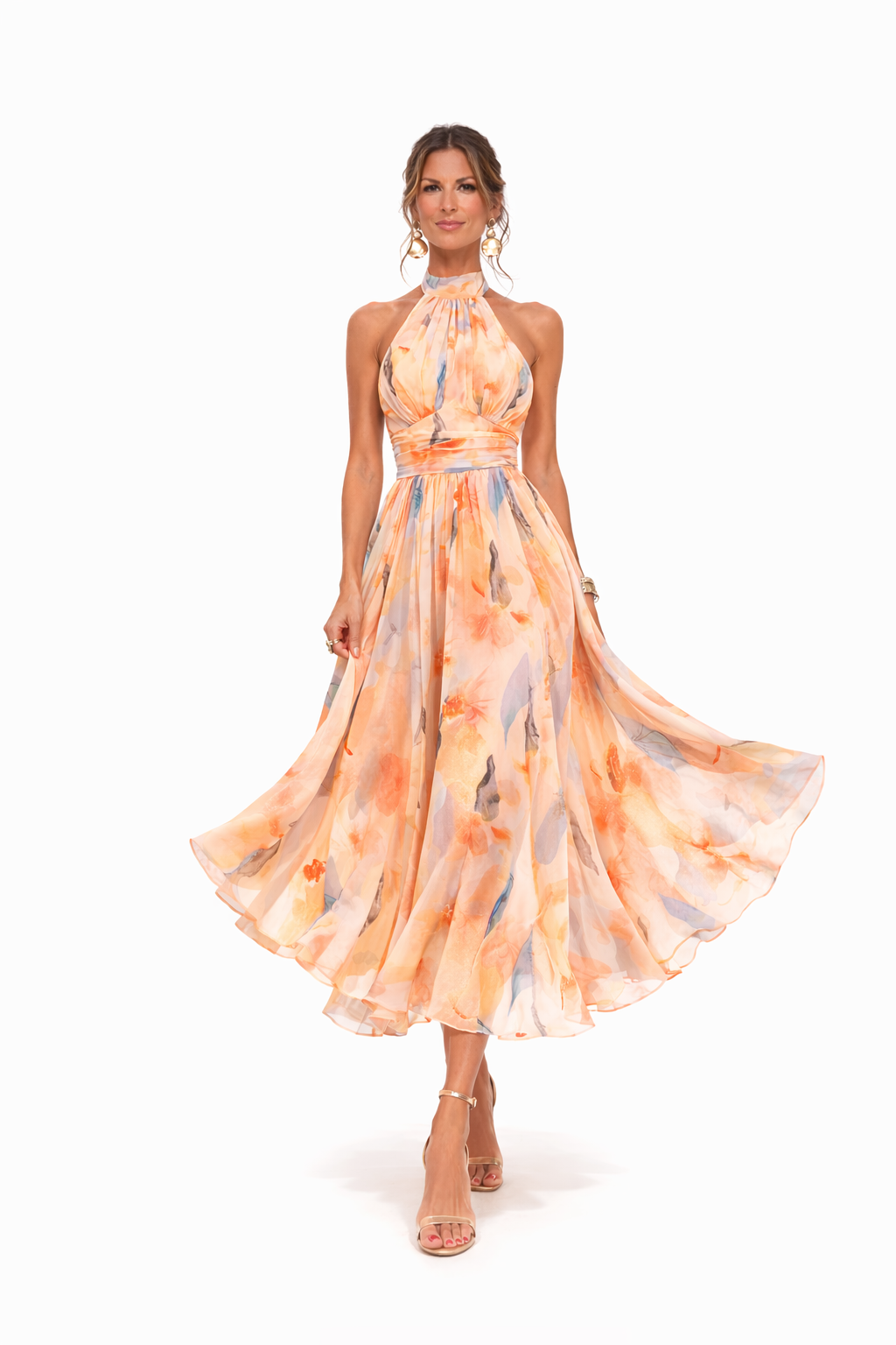Floral Halter Neck Maxi Dress Chiffon Open Back Cross-Wrap Waist Flowy Wedding Guest