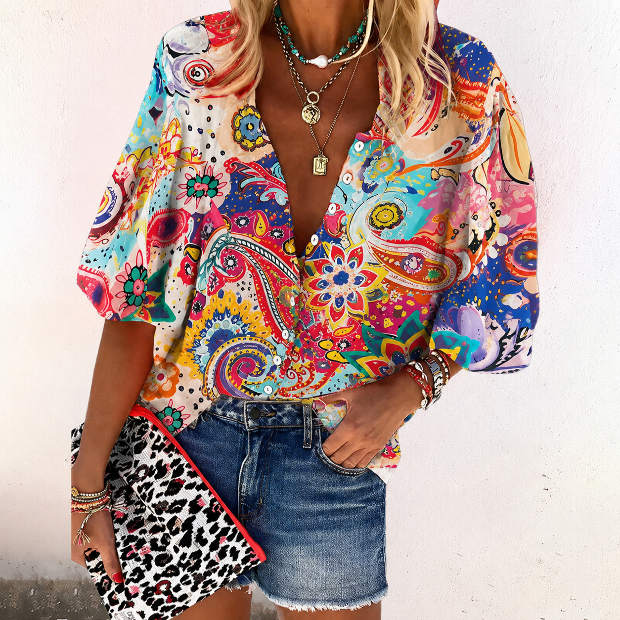 Women's boho print blouse - button down V-neck summer evenings