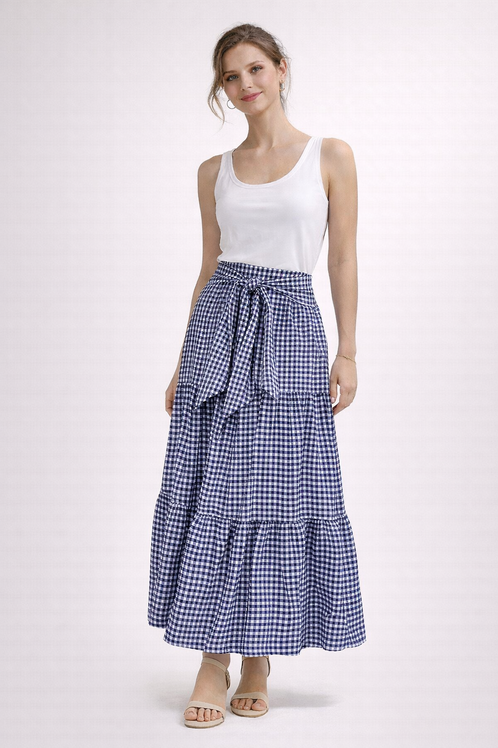 Maxi skirt for women — plaid print tie waist — casual daily