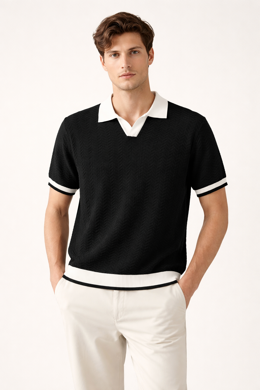 Men's polo shirt — textured knit — short sleeves — everyday casual top