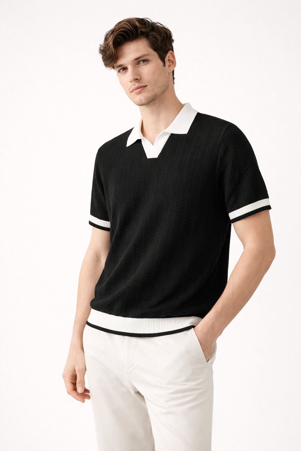 Men's polo shirt — textured knit — short sleeves — everyday casual top