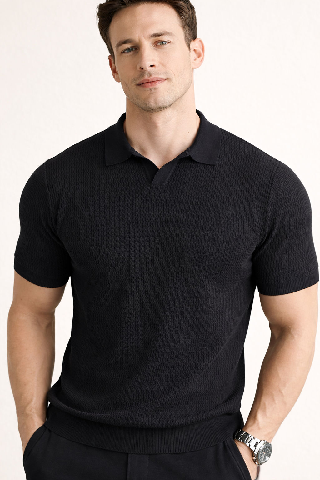 Men's textured polo shirt — slim fit short sleeve top — daily casual style