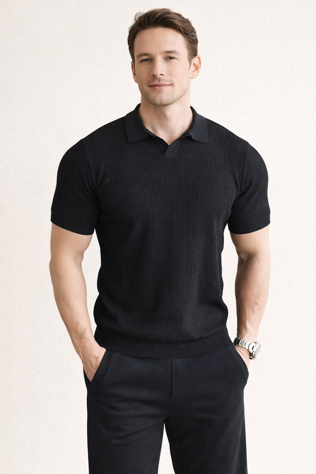 Men's textured polo shirt — slim fit short sleeve top — daily casual style