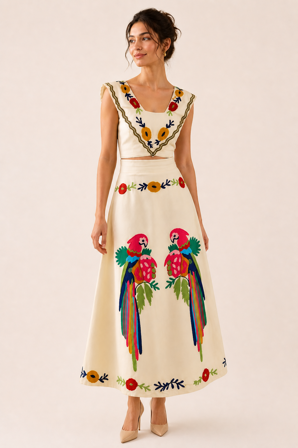 Women's crop top and maxi skirt set — tropical print — summer vacation