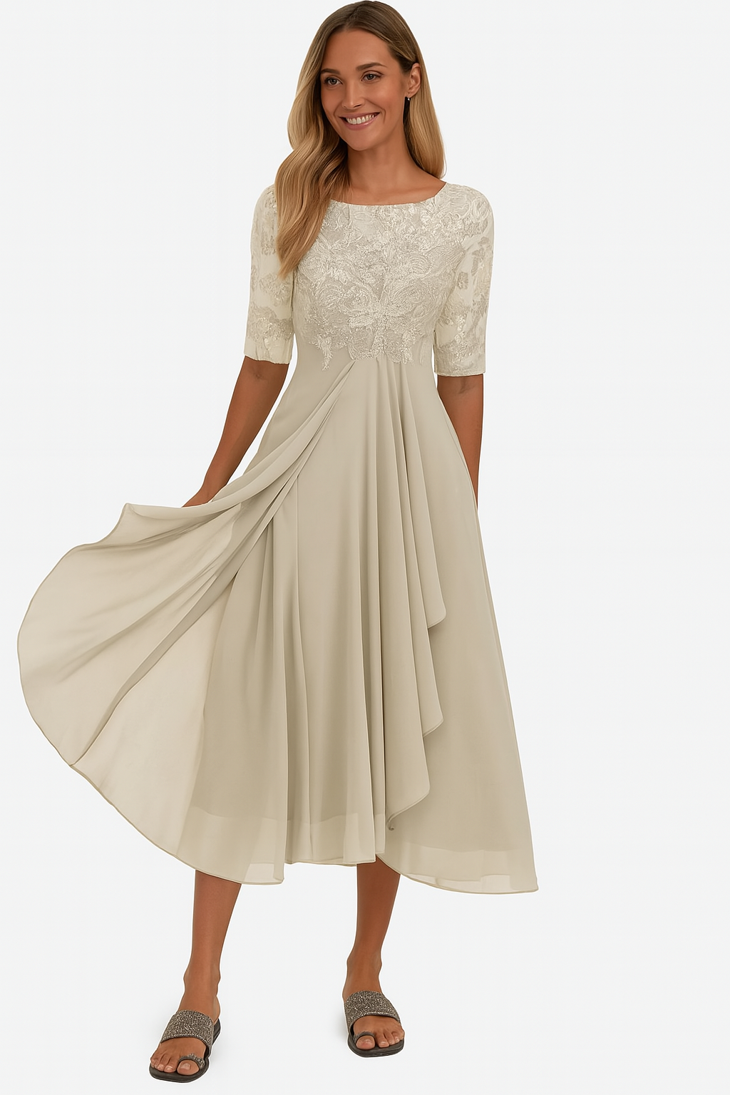 Women's midi dress — lace and chiffon A-line for wedding and ceremony