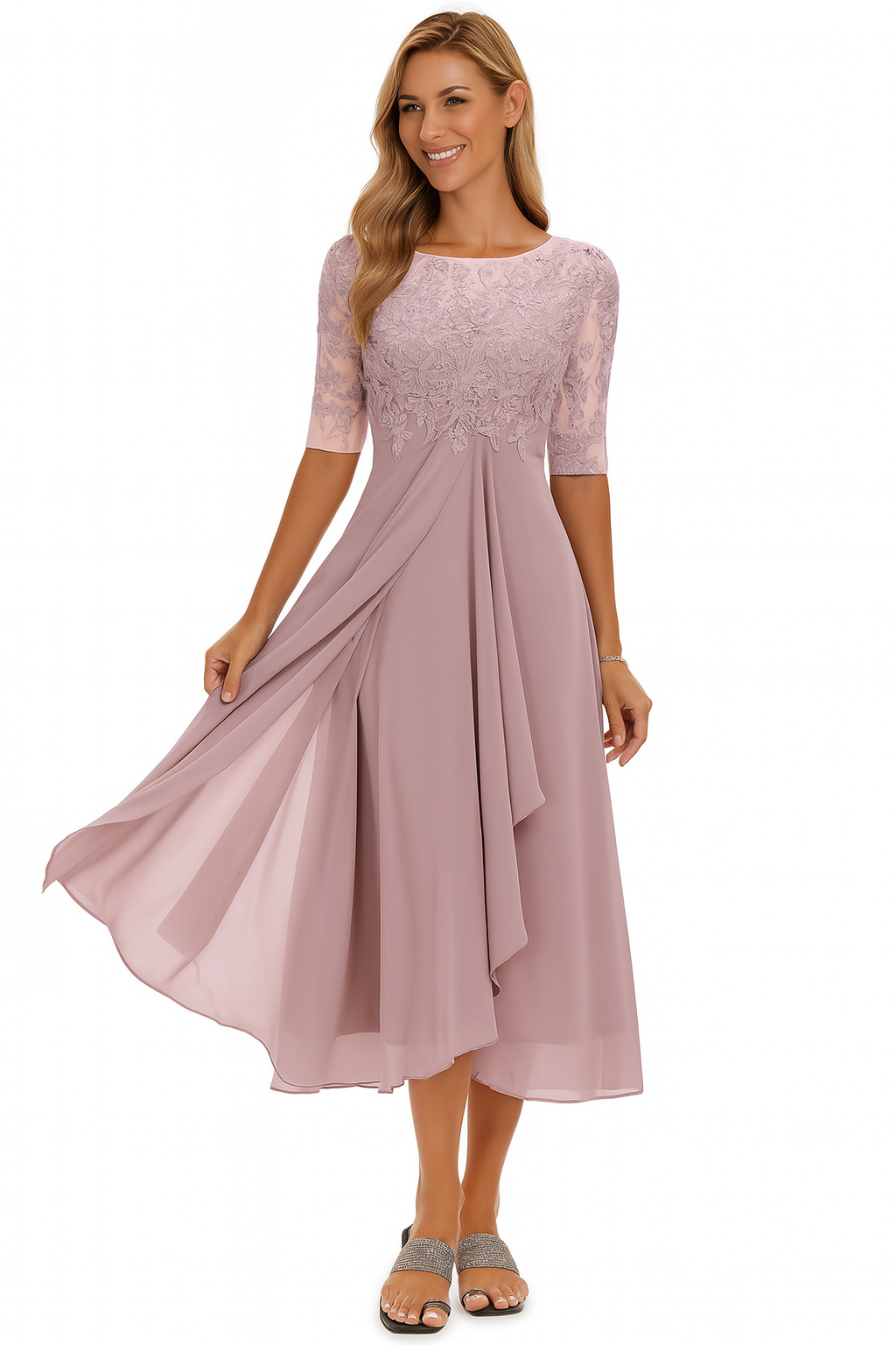 Women's midi dress — lace and chiffon A-line for wedding and ceremony