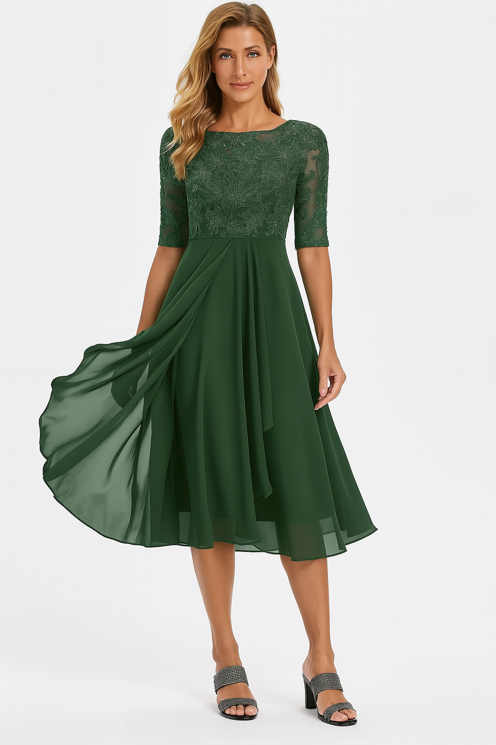 Women's midi dress — lace and chiffon A-line for wedding and ceremony
