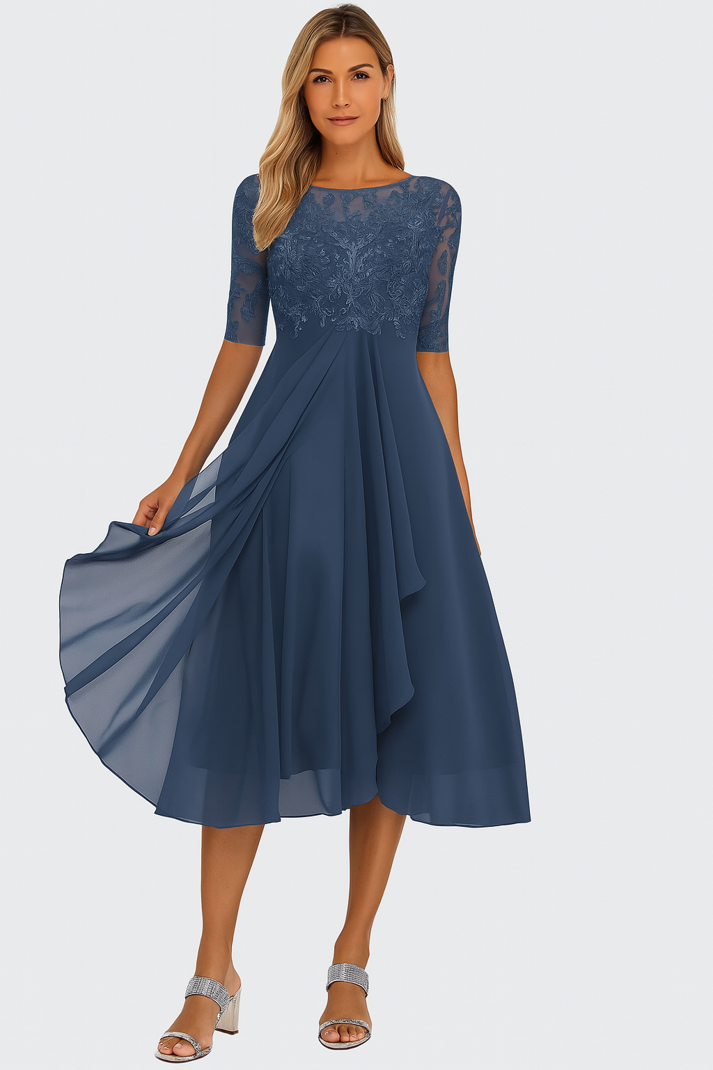 Women's midi dress — lace and chiffon A-line for wedding and ceremony