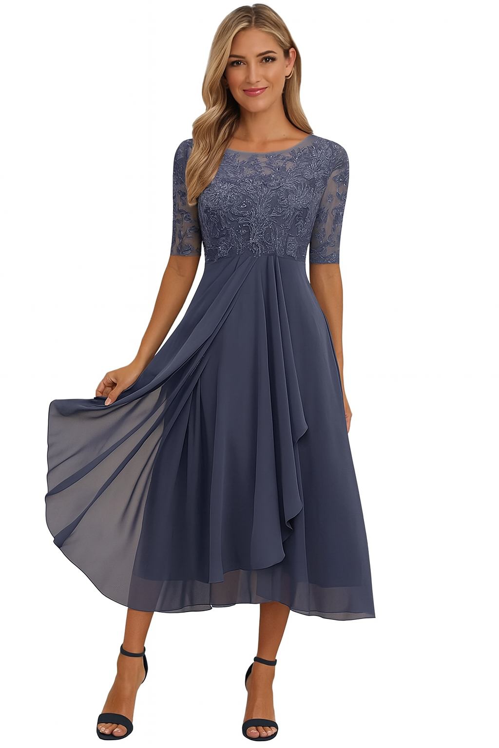 Women's midi dress — lace and chiffon A-line for wedding and ceremony