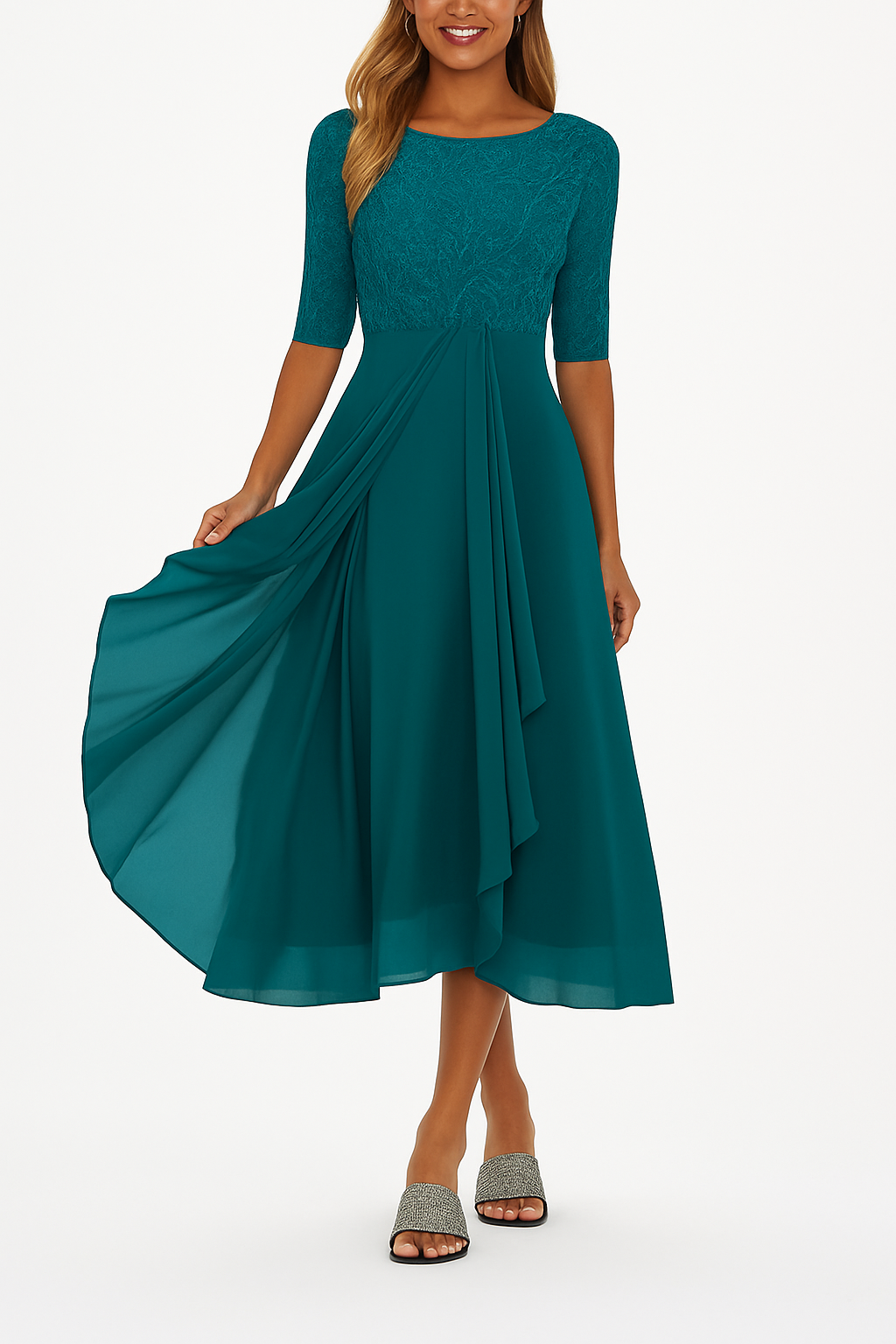 Women's midi dress — lace and chiffon A-line for wedding and ceremony