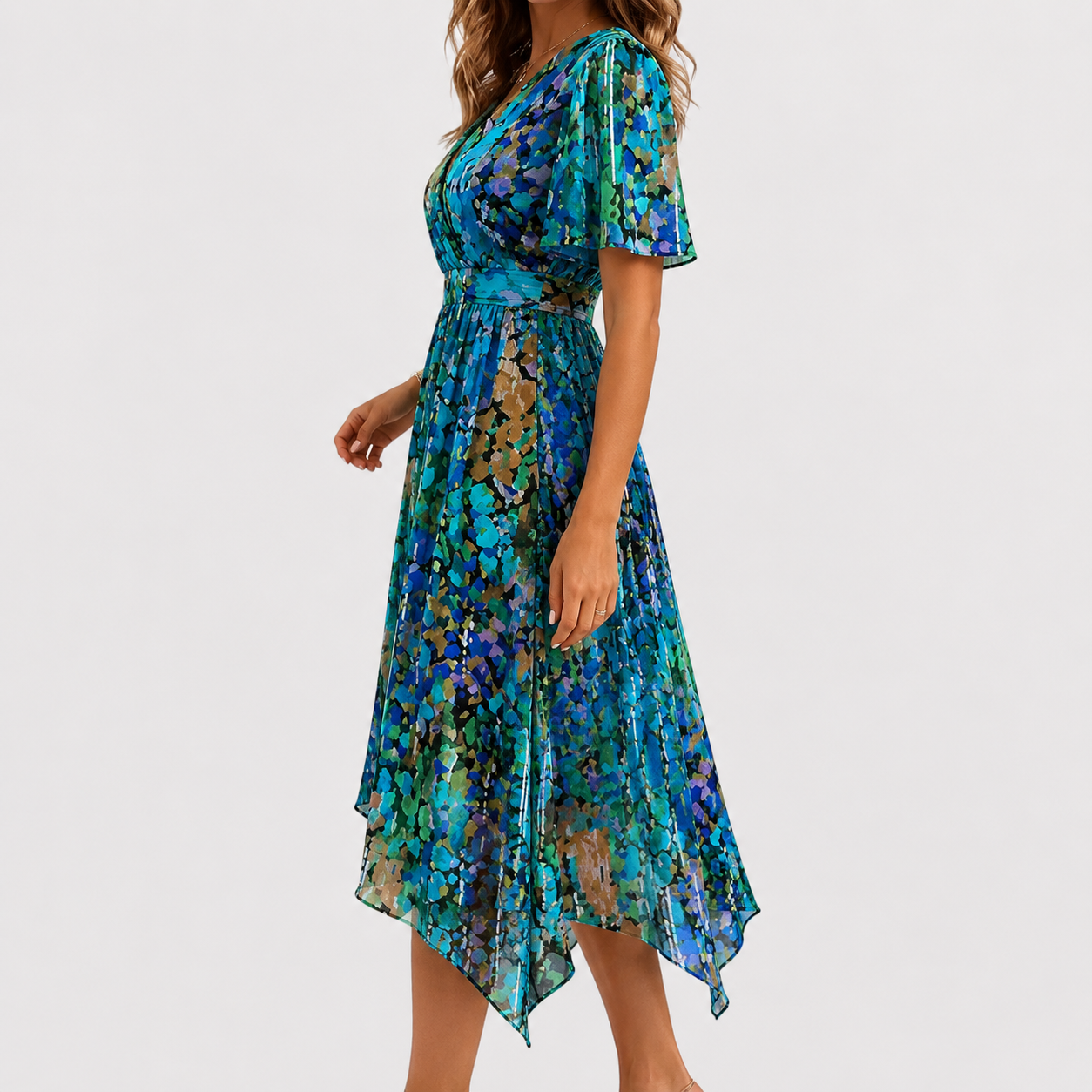 Women’s floral chiffon dress — plunging v neck flutter sleeve midi gown