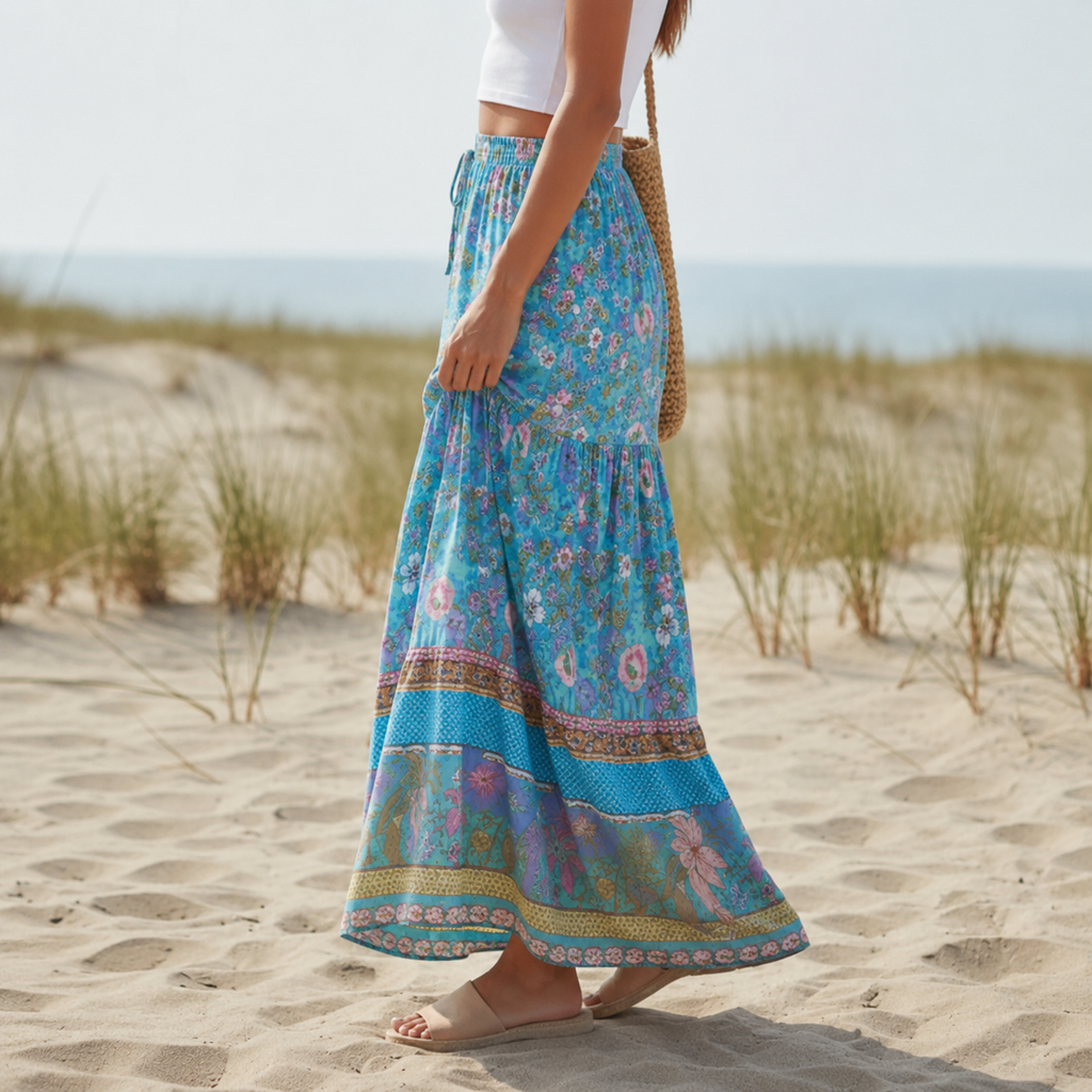 Women's cotton maxi skirt with ruffled hem and drawstring — vacation