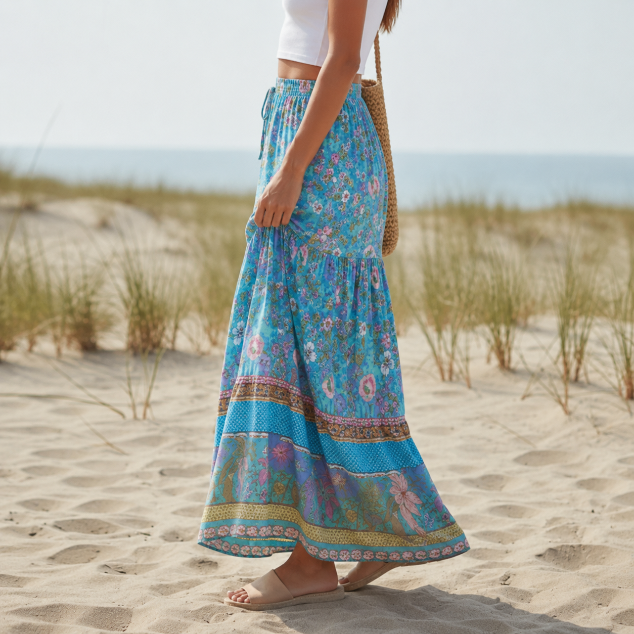 Women's cotton maxi skirt with ruffled hem and drawstring — vacation