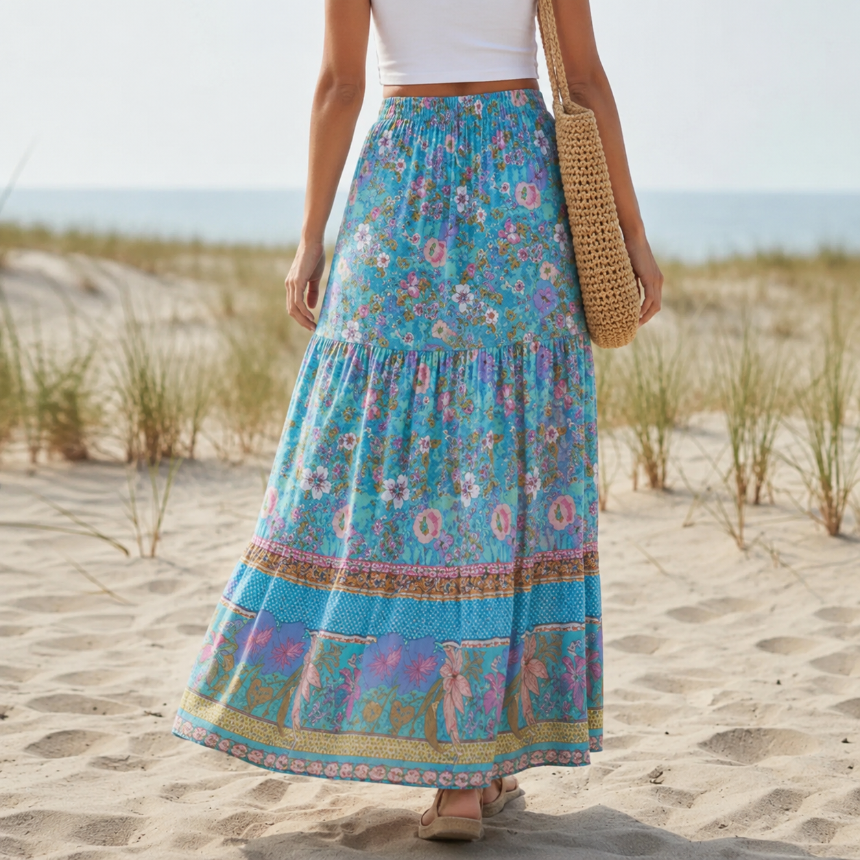Women's cotton maxi skirt with ruffled hem and drawstring — vacation